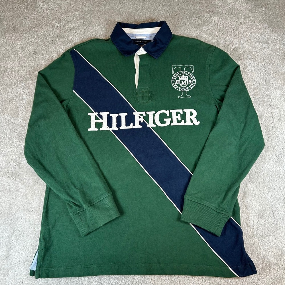 Vintage Tommy Hilfiger Rugby Shirt Mens M Green Navy Diagonal Stripe Long Sleeve